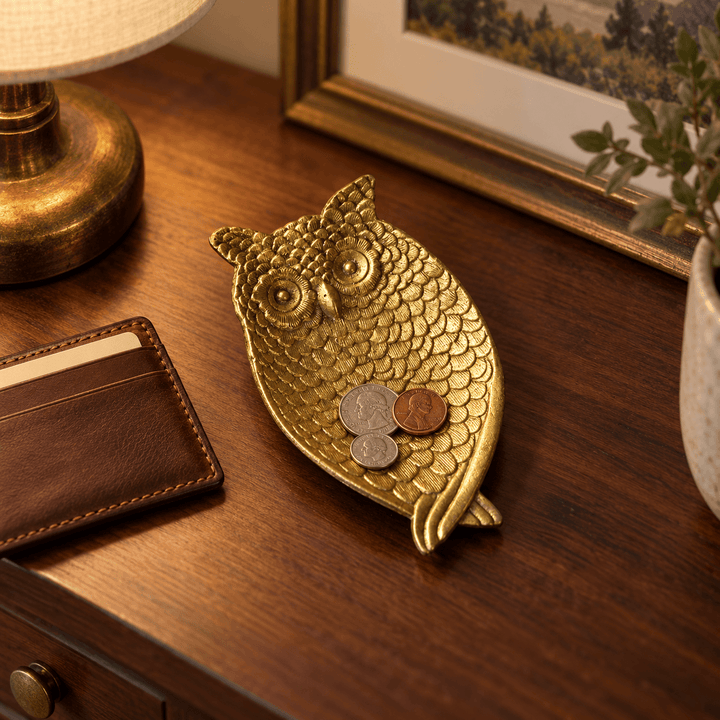 Gold owl coin dish on a walnut console beside a leather wallet