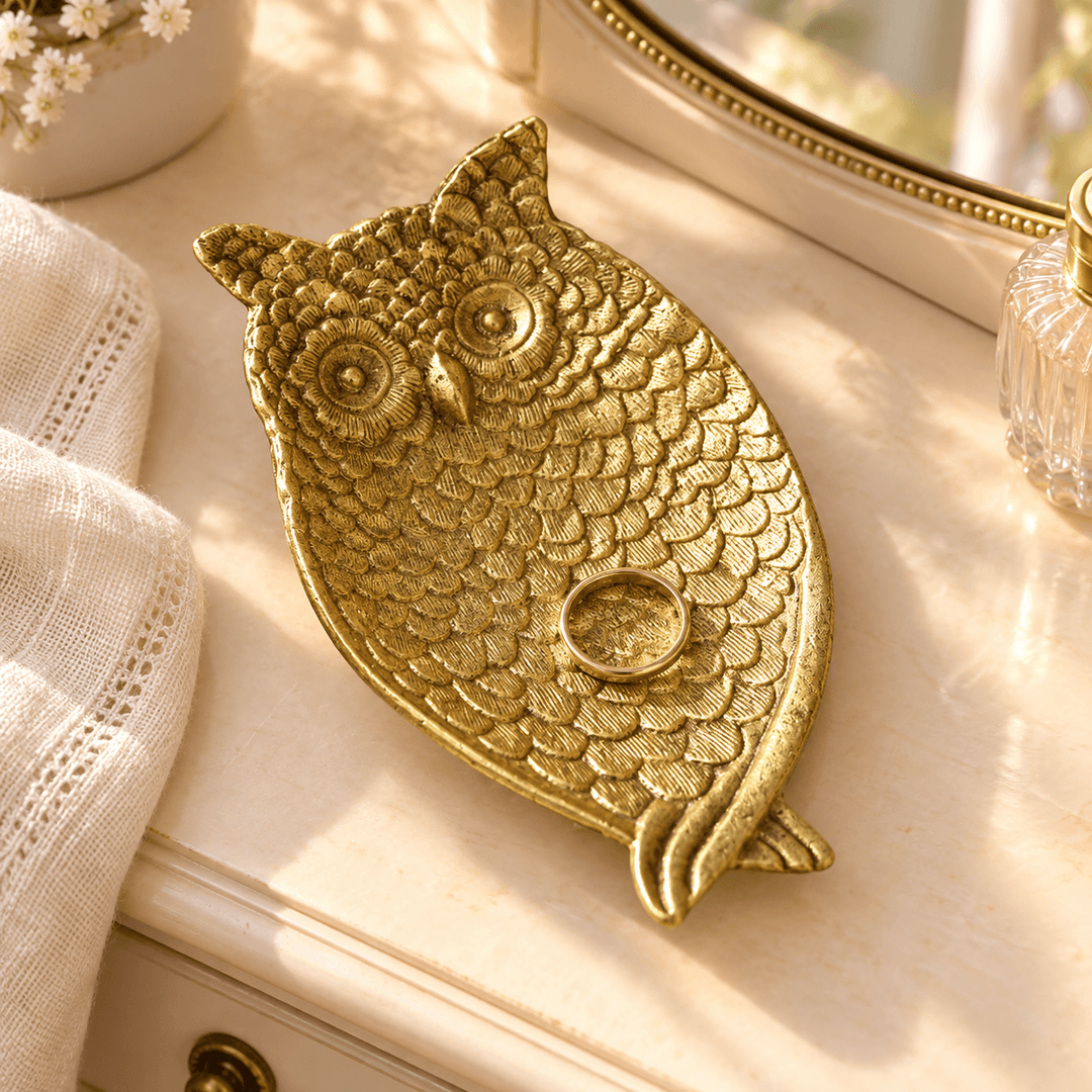 Gold pewter owl dish holding a ring on a cream bedroom vanity