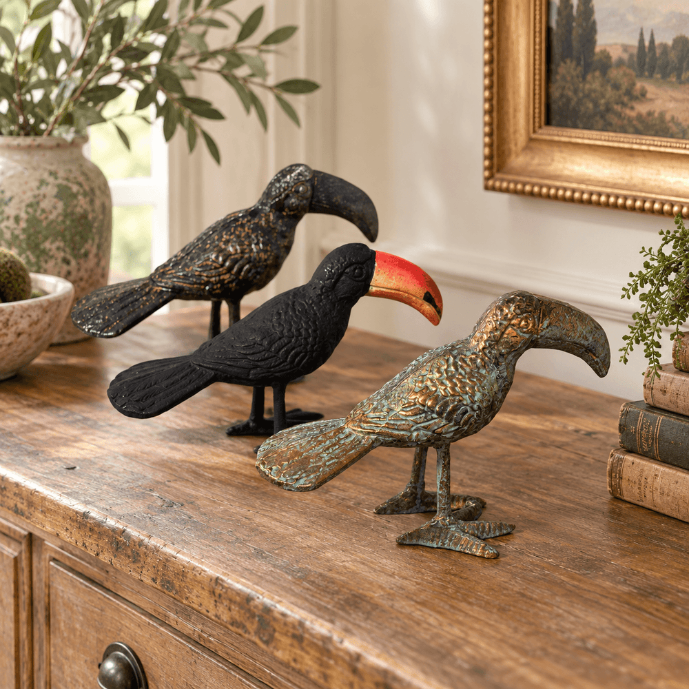 Sculpted Iron Toucan Figurine trio viewed from the side