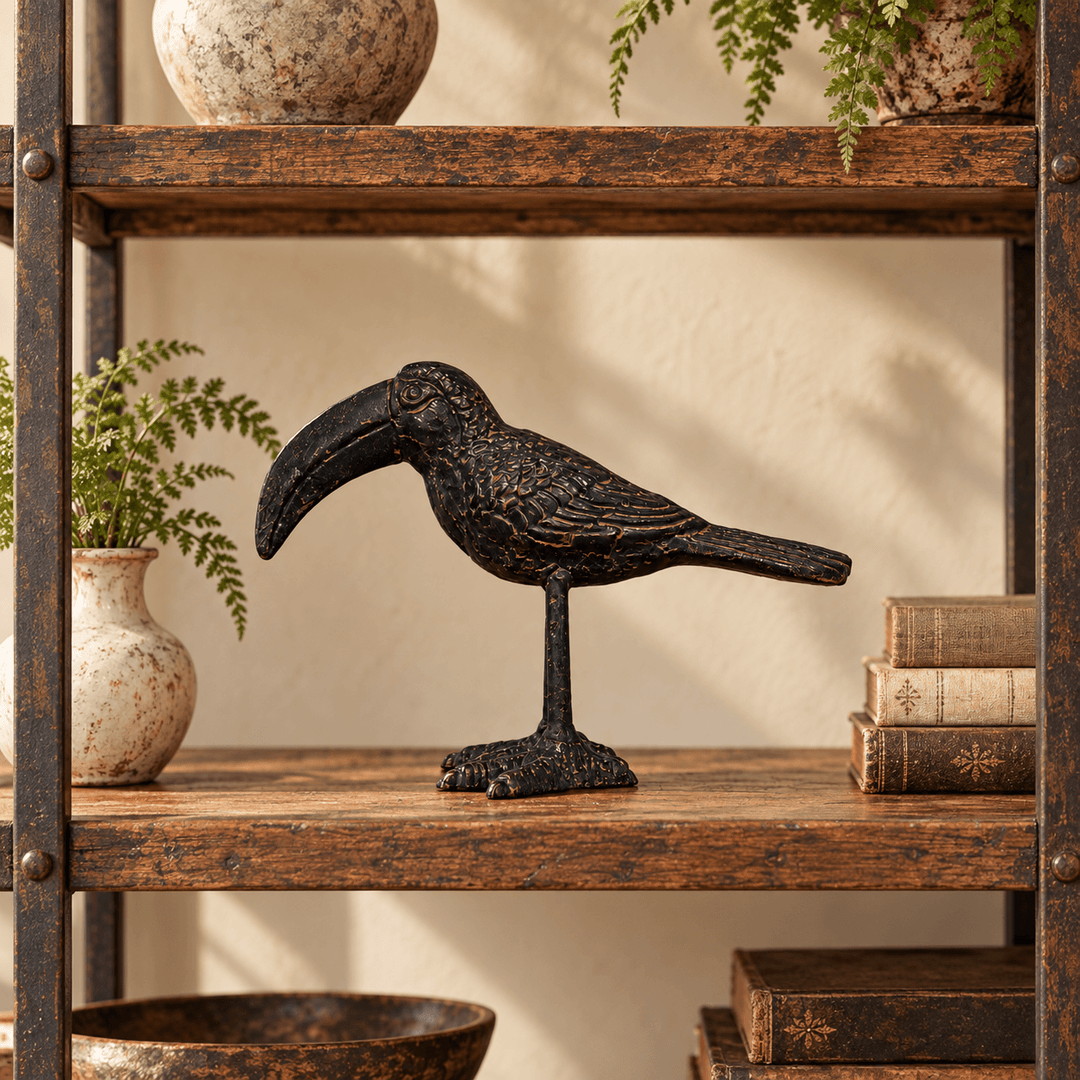 Black Sculpted Iron Toucan Figurine displayed on an open shelf