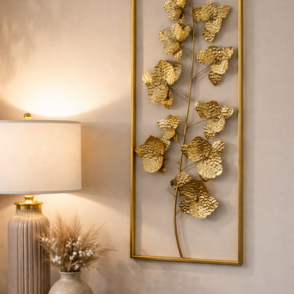 Gold sculpted metal flower wall panel shown full length