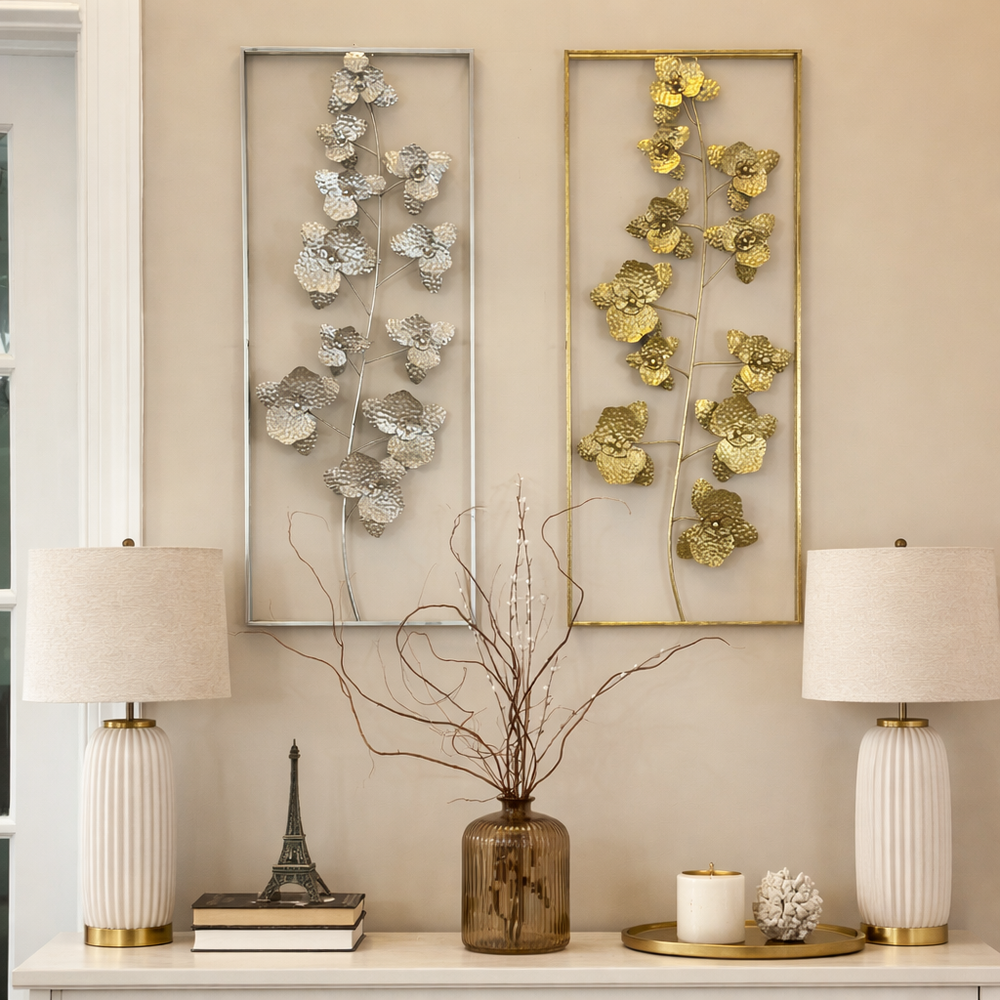 Gold floral wall panel mounted in a narrow interior space