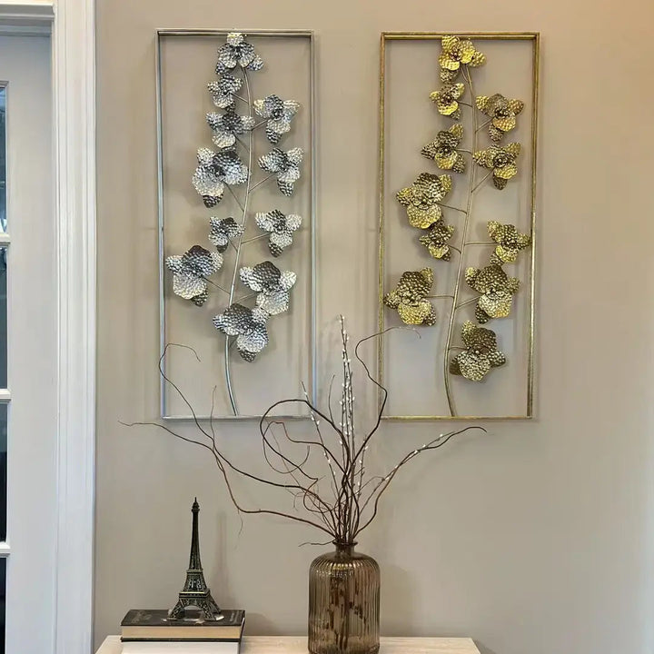 Angled detail of gold leaves and floral stems