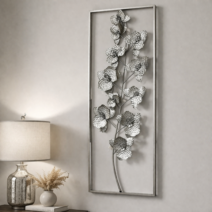 Silver sculpted metal flower wall panel shown full length