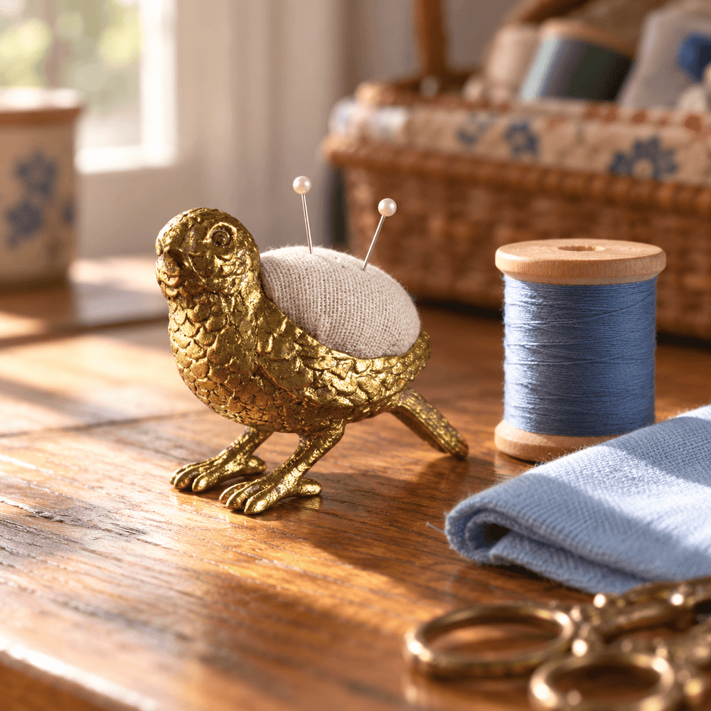 Gold-tone pewter bird pincushion on a sewing table with blue thread