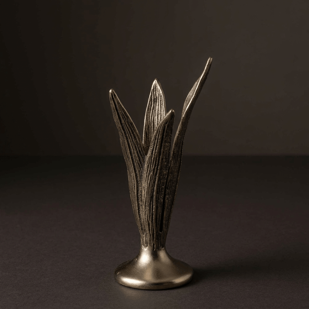 Small Sculpted Tulip Leaf Candle Holder in antiqued gold on a dark studio background
