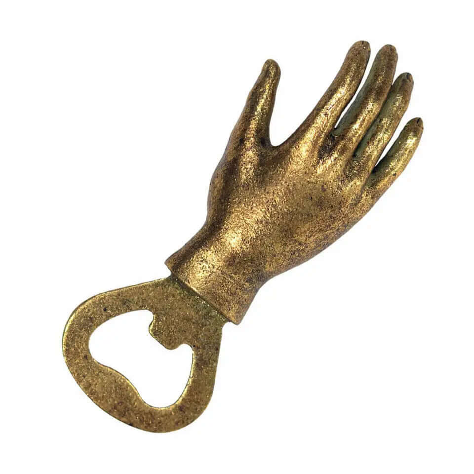 Back of the sculpted iron hand bottle opener against white