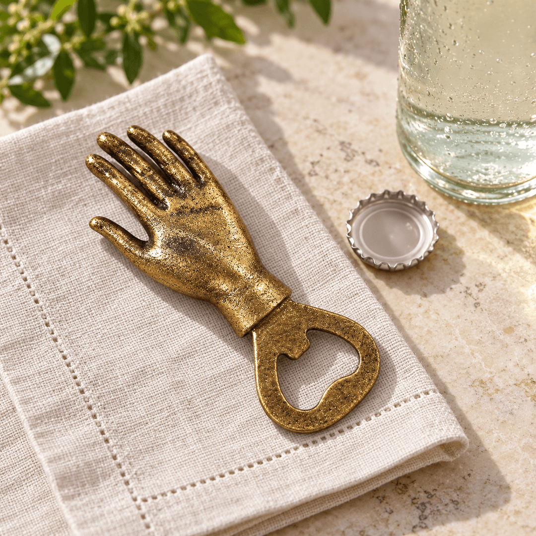 Iron hand bottle opener on a linen napkin beside a soda bottle
