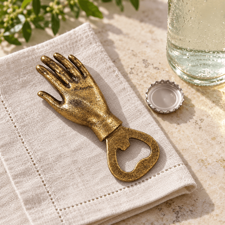 Iron hand bottle opener on a linen napkin beside a soda bottle