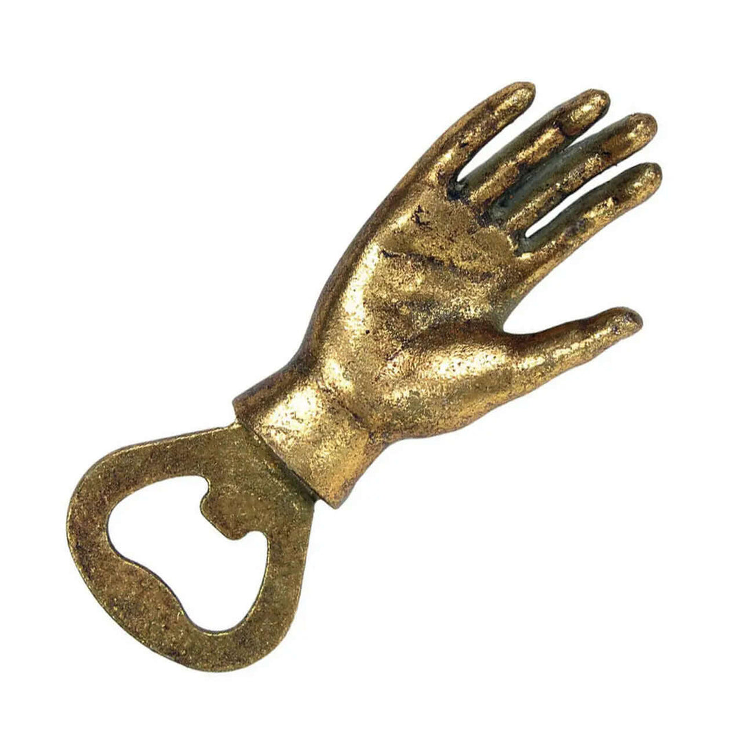 Palm side of the gold-leaf iron hand bottle opener against white