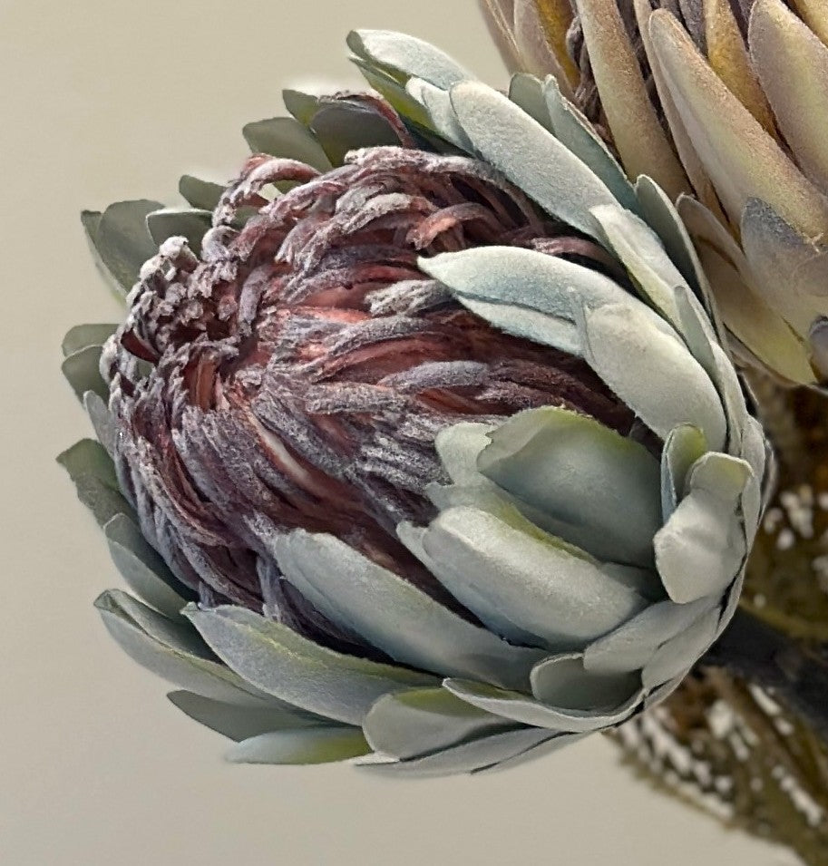 Close view of the blue-green king protea faux flower