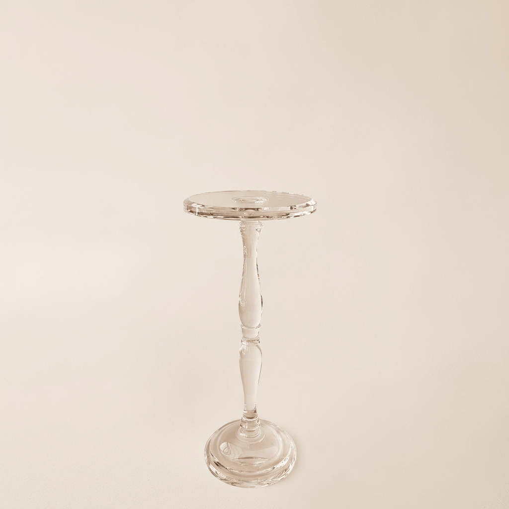 Sculptural Crystal Pedestal Table gleaming with vintage glamour, handcrafted from solid crystal, refracting light brilliantly like a chandelier.