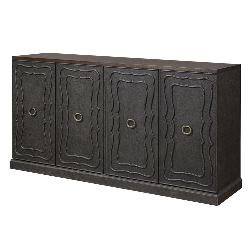 Angled front view of the seal brown faux raffia sideboard with four decorative doors.