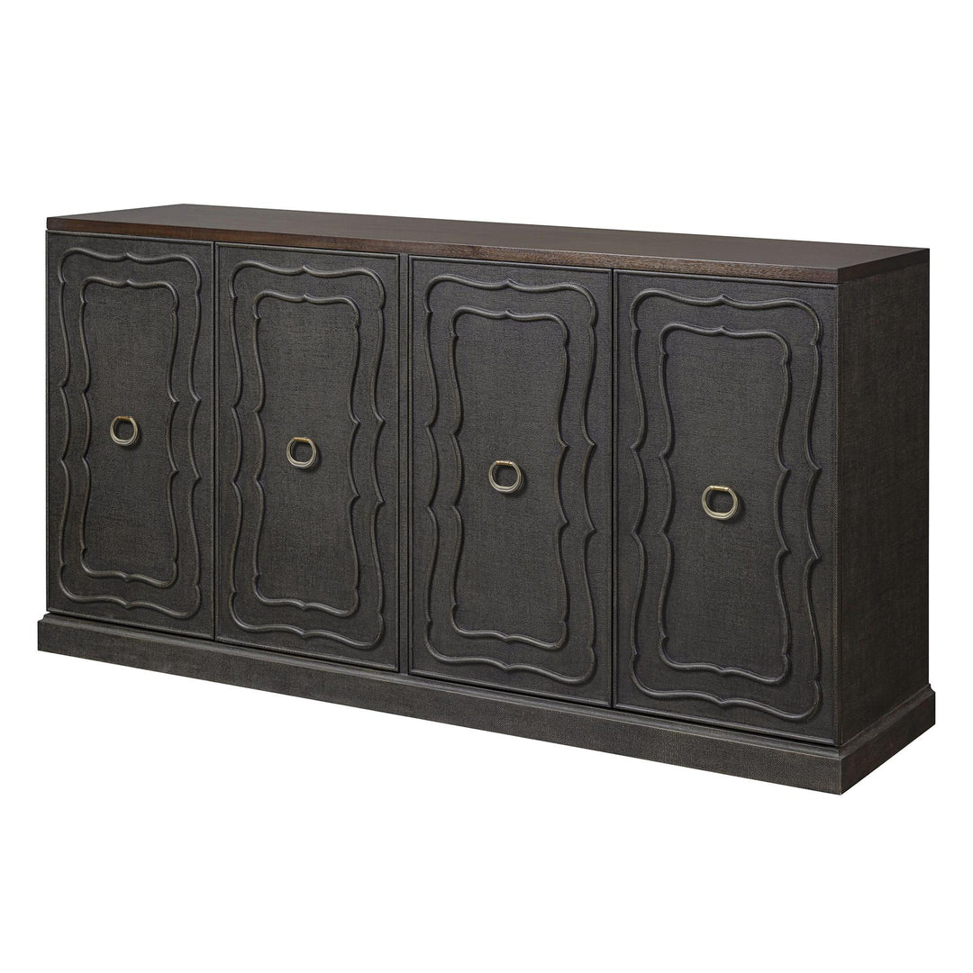 Angled front view of the seal brown faux raffia sideboard with four decorative doors.