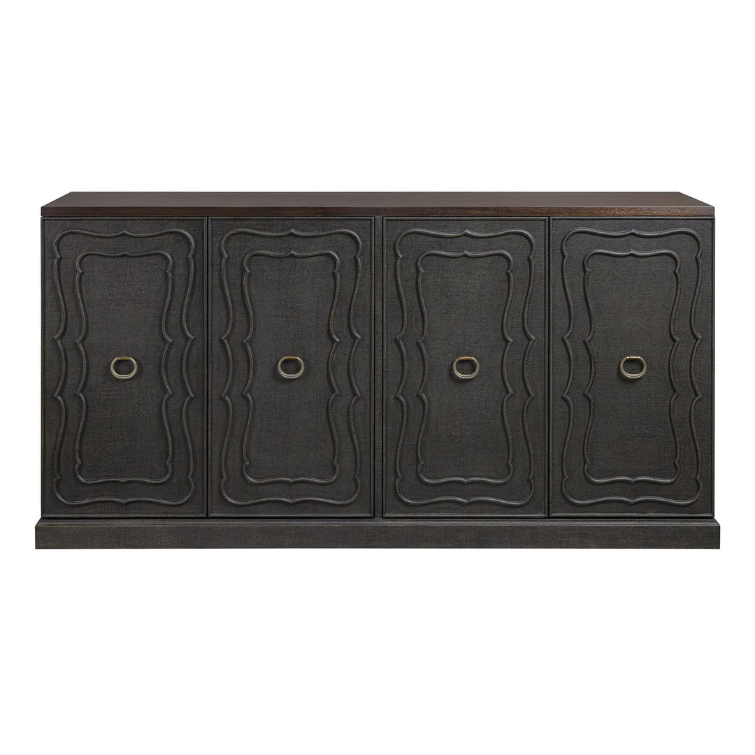 Front view showing the brown sideboard's curving door outlines and ring pulls.