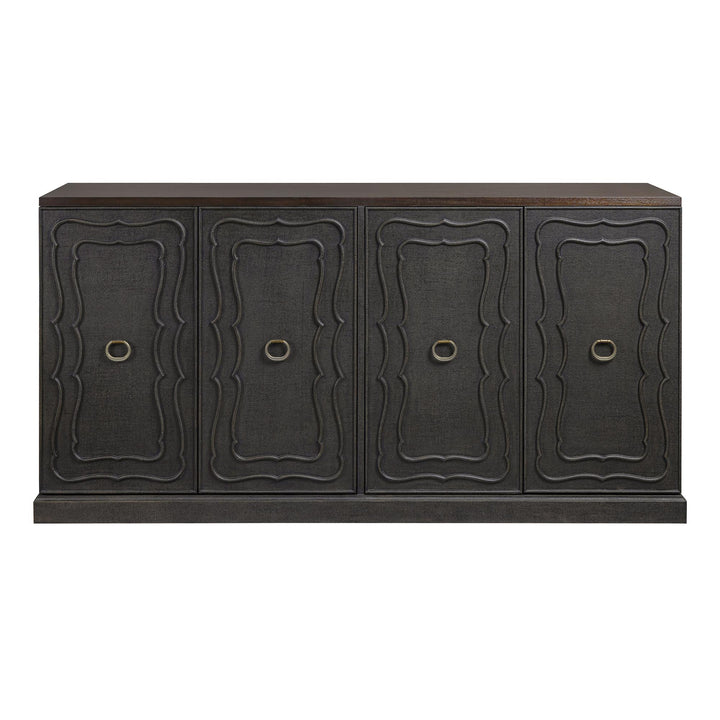 Front view showing the brown sideboard's curving door outlines and ring pulls.