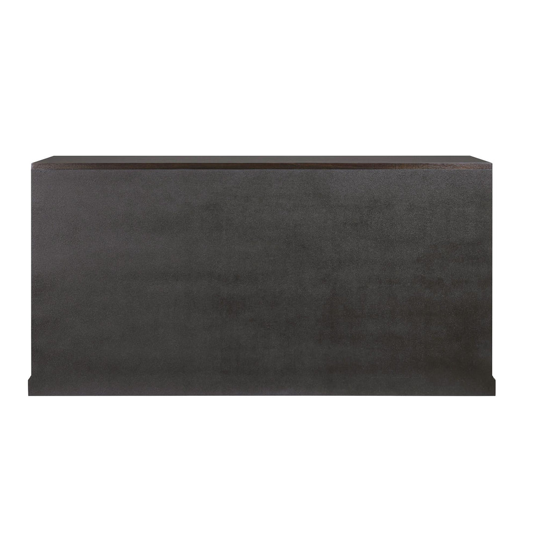 Rear view of the seal brown sideboard and dark wood-toned top.