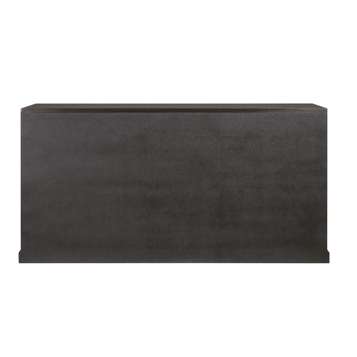 Rear view of the seal brown sideboard and dark wood-toned top.