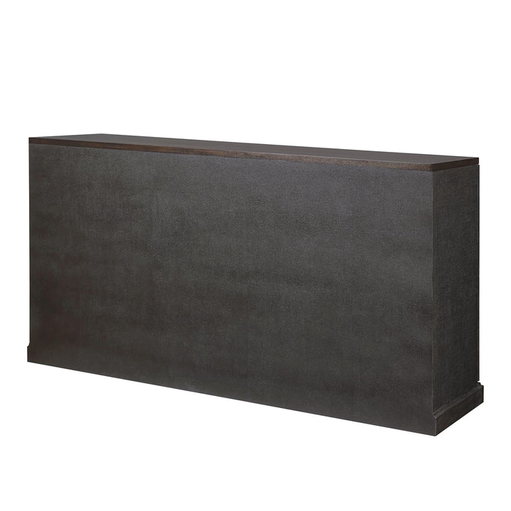 Rear angled view of the brown textured cabinet and rectangular base.
