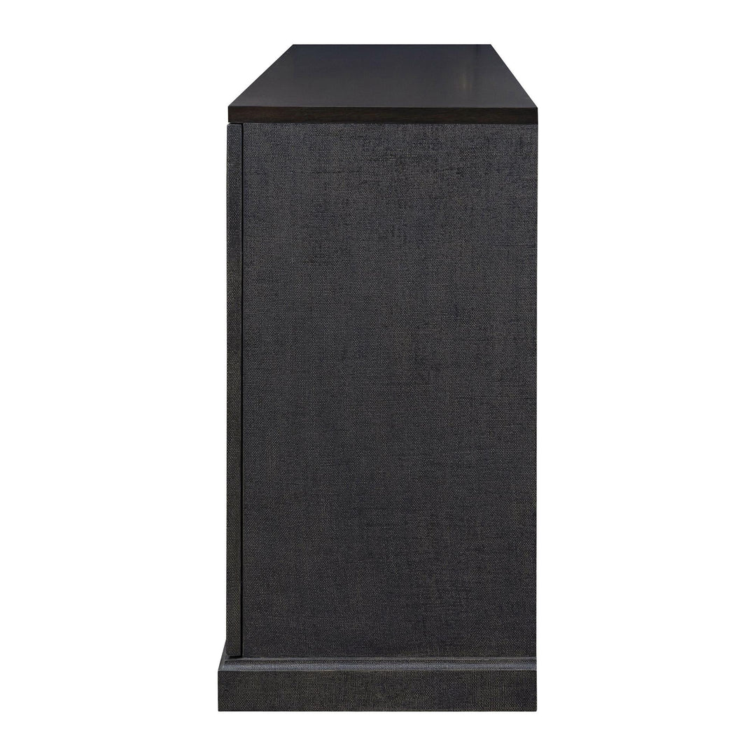 Side view of the dark brown sideboard showing the textured finish.