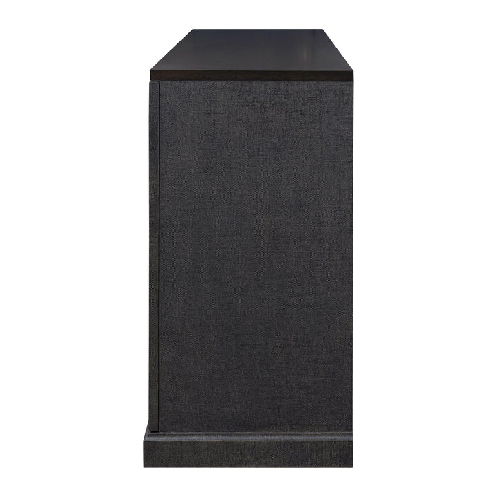 Side view of the dark brown sideboard showing the textured finish.