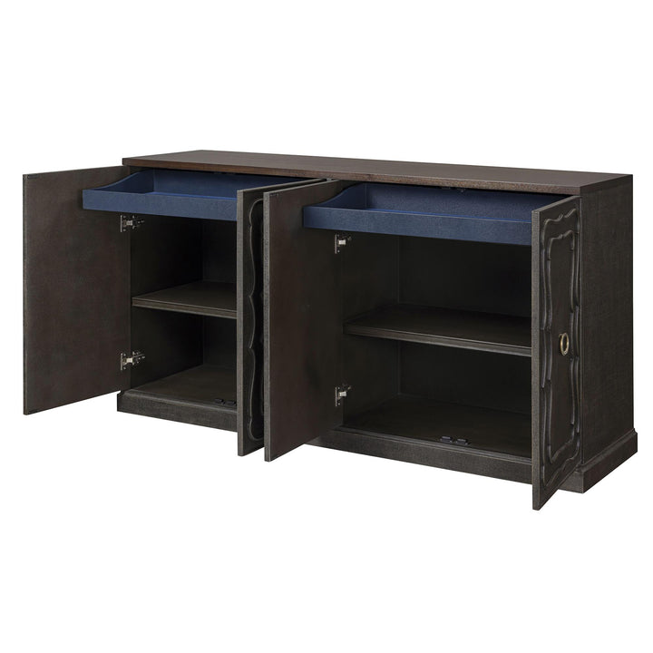 Open brown sideboard showing shelves and two concealed interior drawers.