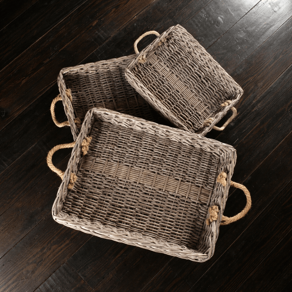 Set Of 3 Rectangular Willow Trays with Jute Handles