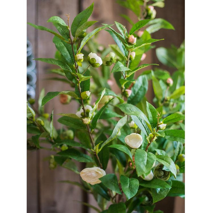 Faux Silk Camellia Flower Leaf Stem in Green or White