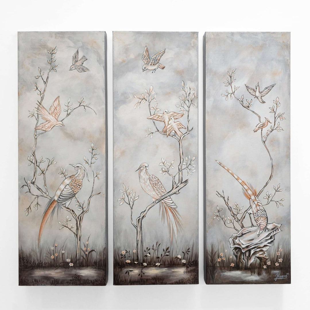 Hand-Painted Chinoiserie Bird and Branch Wall Panel Set