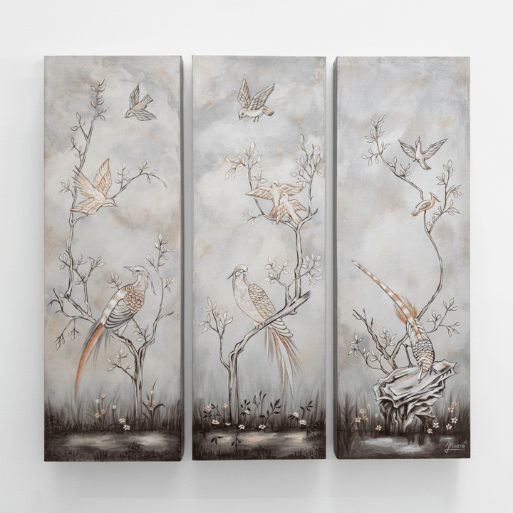 Hand-Painted Chinoiserie Bird and Branch Wall Panel Set