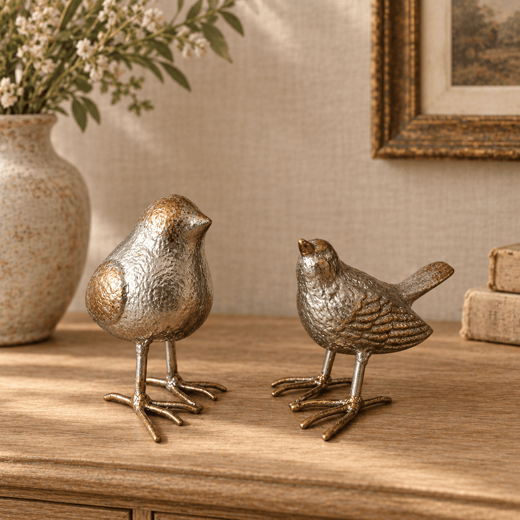 Silver-finish cast iron bird sculptures styled on a pale oak console