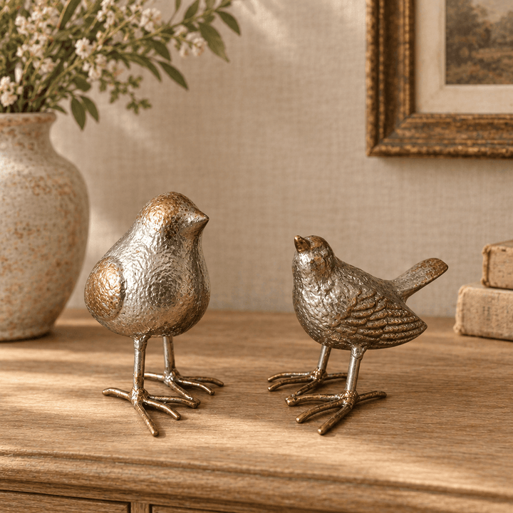 Silver-finish cast iron bird sculptures styled on a pale oak console