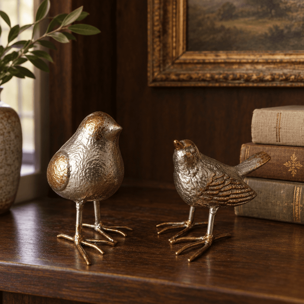 Silver-finish cast iron bird sculptures beside books on a dark wood bookshelf