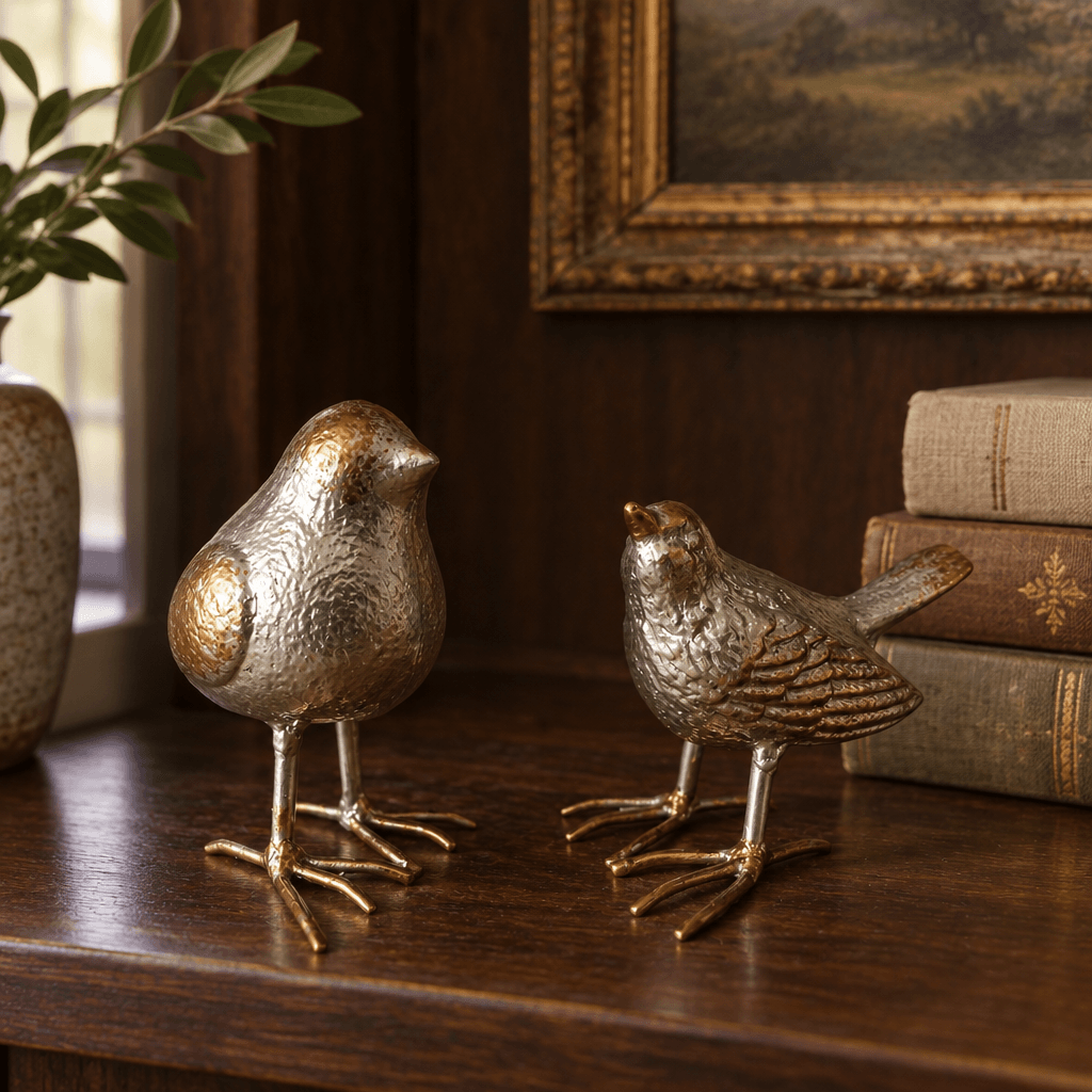 Silver-finish cast iron bird sculptures beside books on a dark wood bookshelf