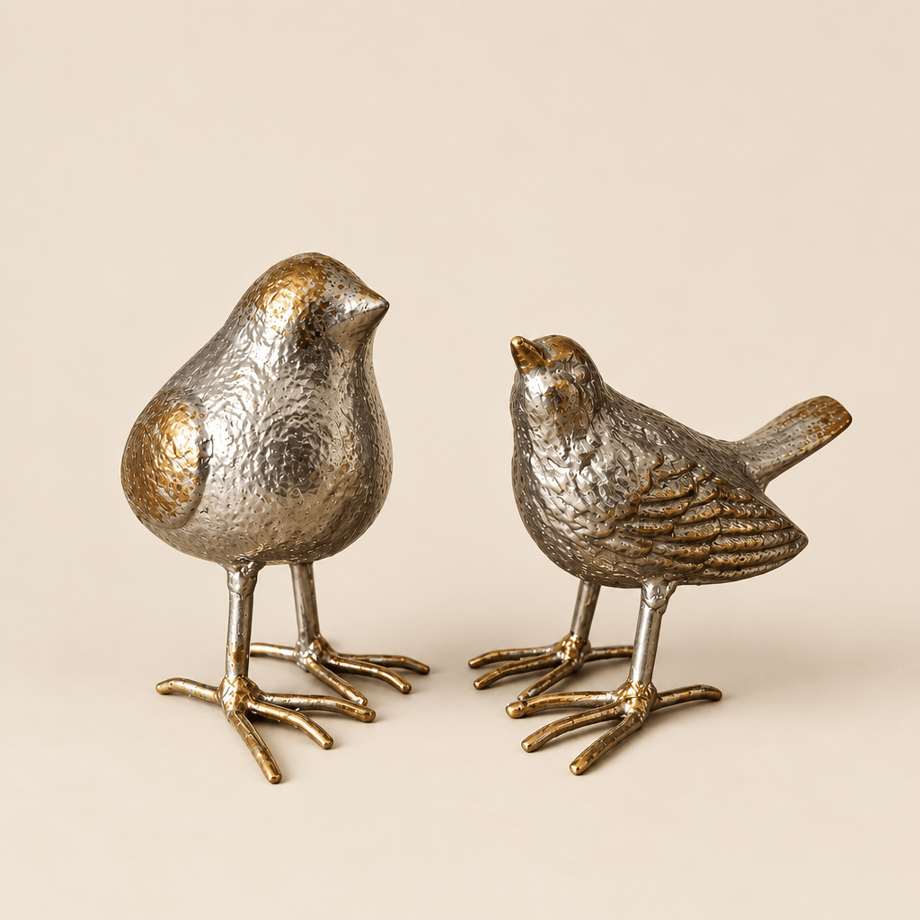Silver-finish cast iron bird sculptures on a warm ivory studio background