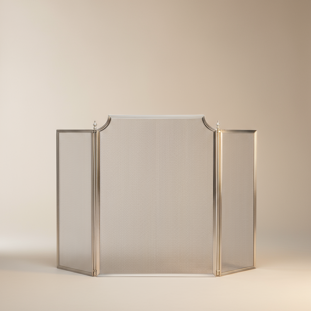 Metal fire screen with a beige background