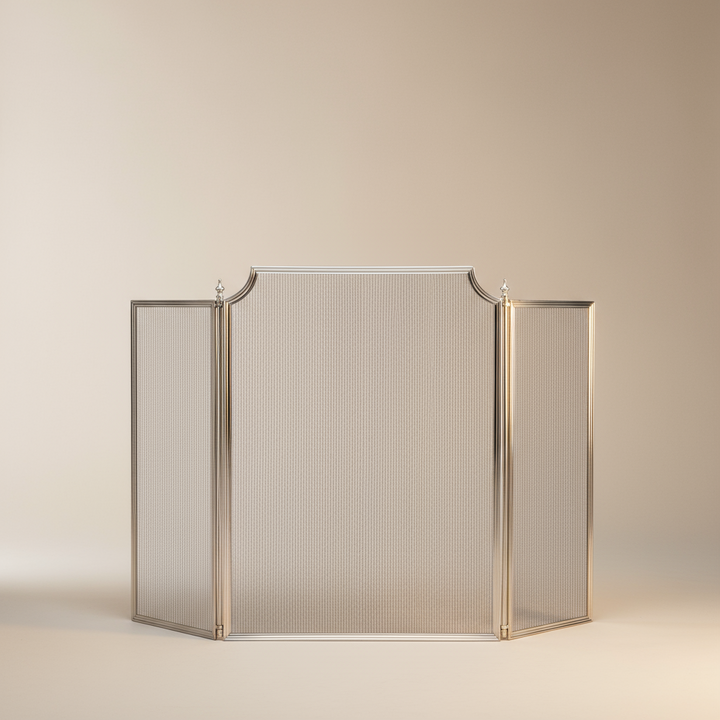 Metal fire screen with a beige background