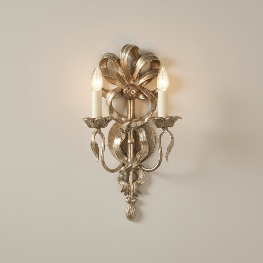 Decorative wall sconce with two lit lights on a plain wall.