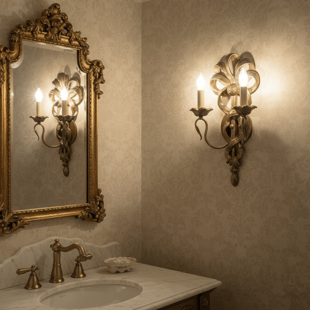 Bathroom with ornate mirror and wall sconce.