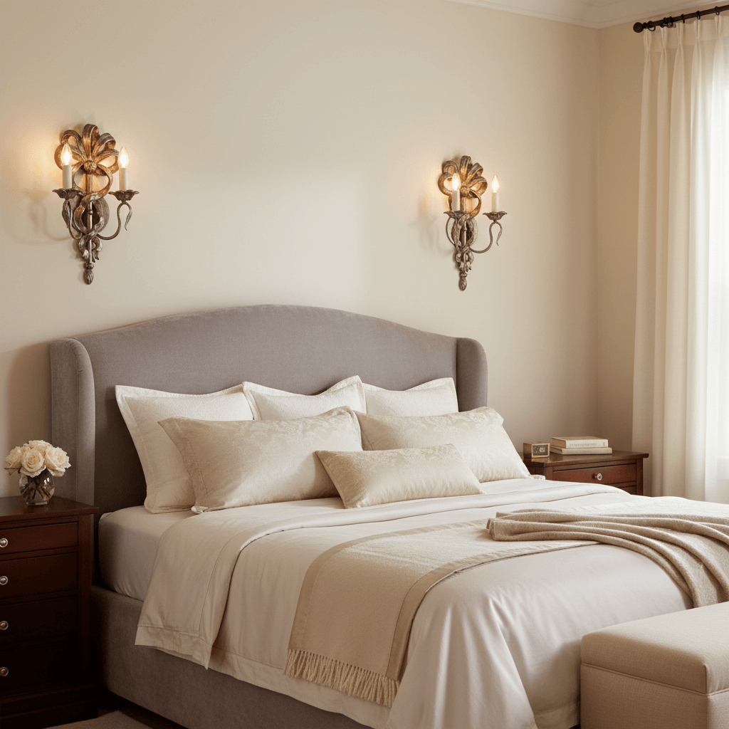 Neatly made bed with beige bedding in a bedroom setting with wall sconces and a nightstand.