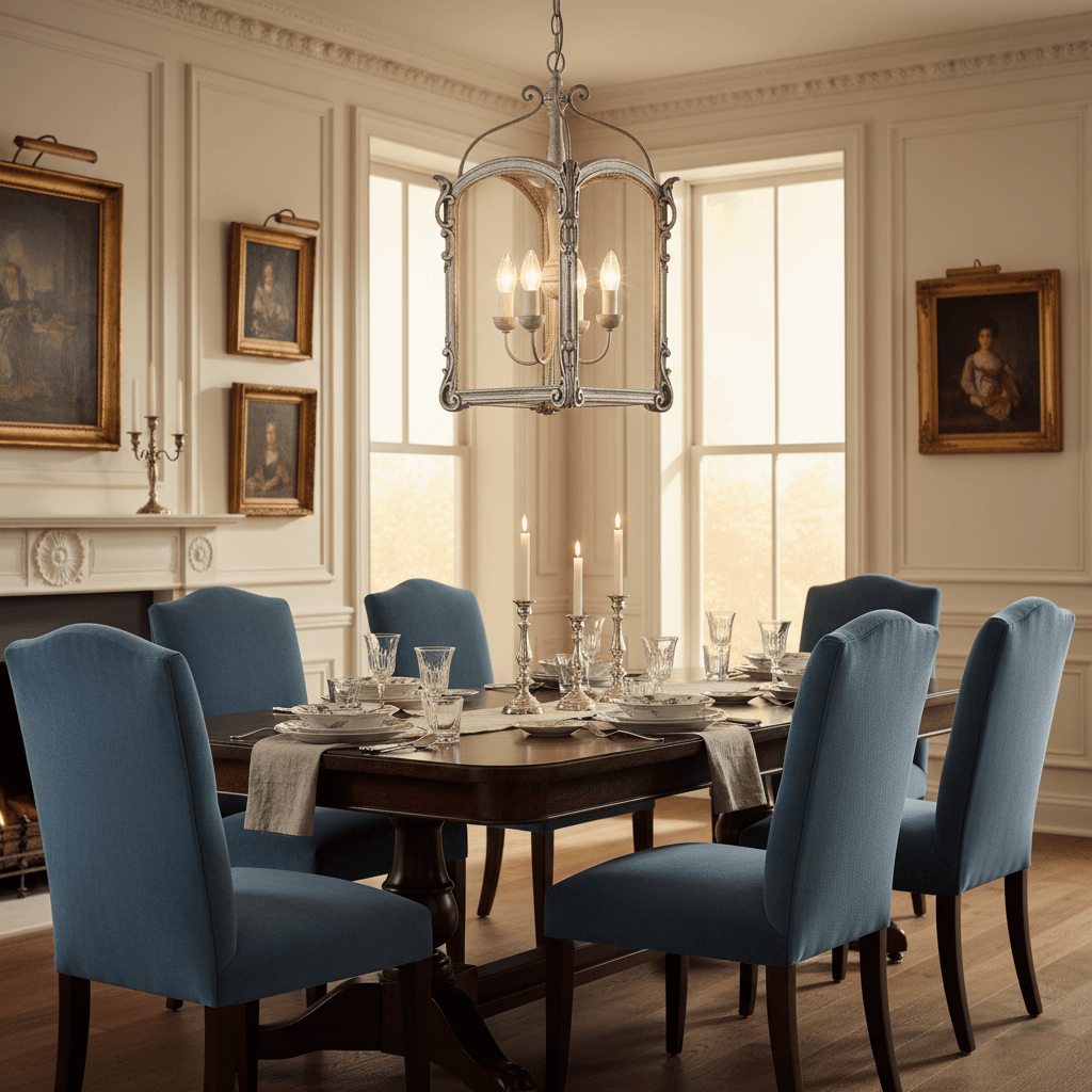 Dining room with wooden table and blue chairs, large window, and decorative chandelier.