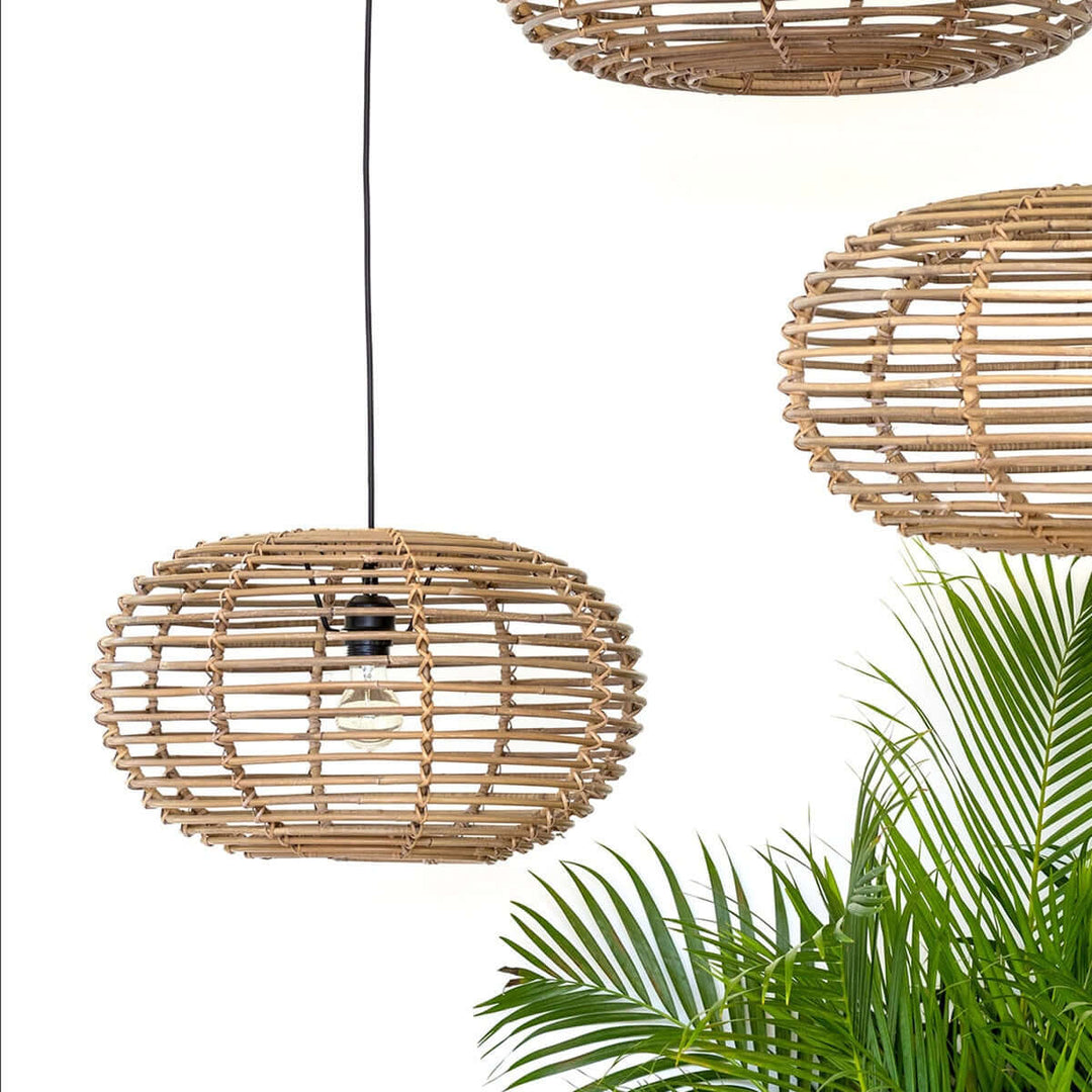 Wicker pendant lights with a white background and green plant
