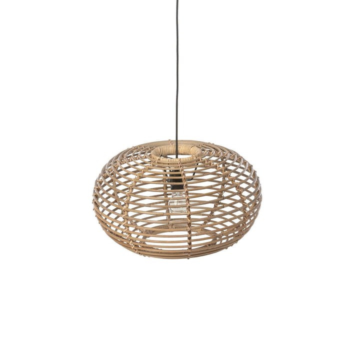 Woven rattan pendant light on a white background