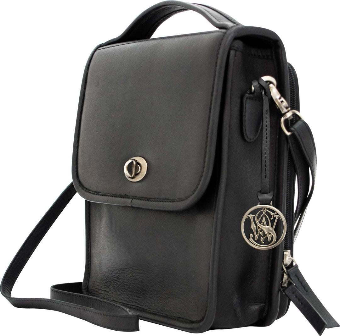 Smith & Wesson Vintage Crossbody Concealed Carry Purse in black leather with silver hardware.