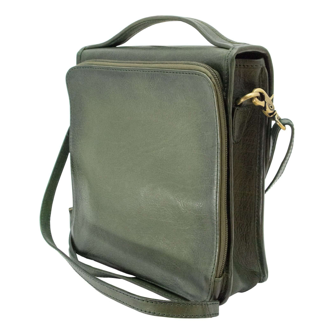 Smith & Wesson Vintage Crossbody Concealed Carry Purse in green leather with nickel hardware, side view showcasing sleek design.