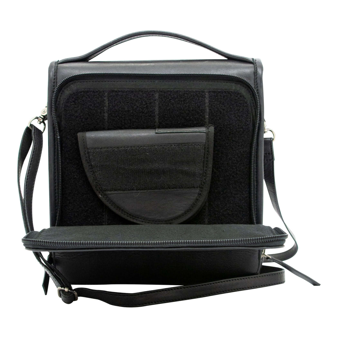 Smith & Wesson Vintage Crossbody Concealed Carry Purse in black leather, open view showing interior with structured design.