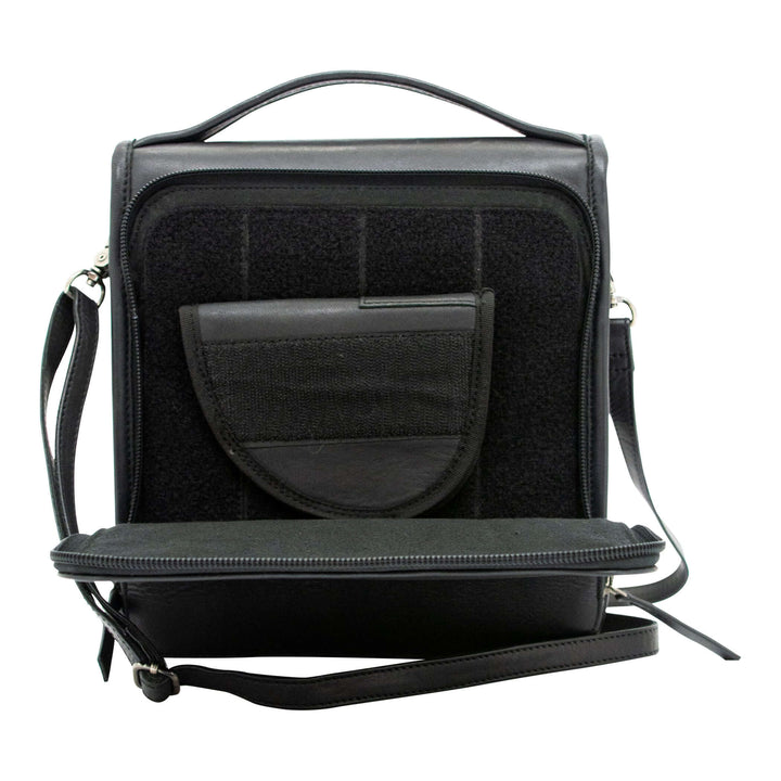 Smith & Wesson Vintage Crossbody Concealed Carry Purse in black leather, open view showing interior with structured design.