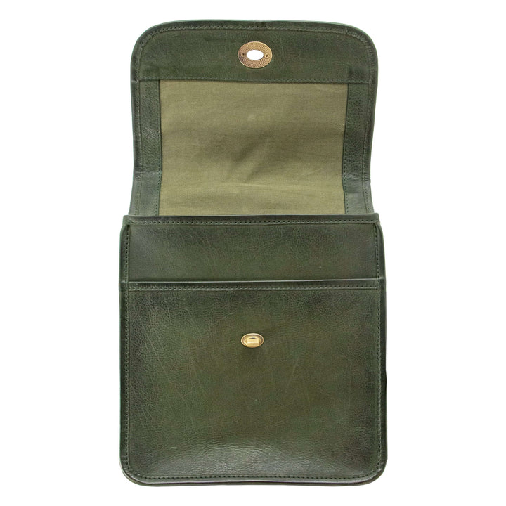 Smith & Wesson Vintage Crossbody Concealed Carry Purse in green leather with open flap and nickel-plated hardware