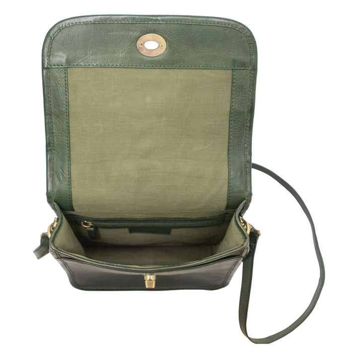 Interior view of Smith & Wesson Vintage Crossbody Concealed Carry Purse in green leather with open clasp