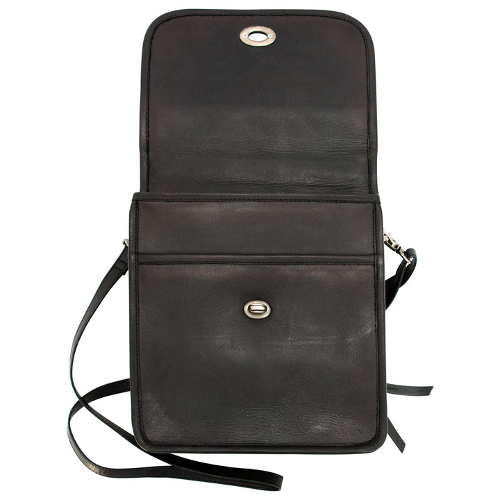 Open view of Smith & Wesson Vintage Crossbody Concealed Carry Purse in smooth black leather with nickel-plated hardware.